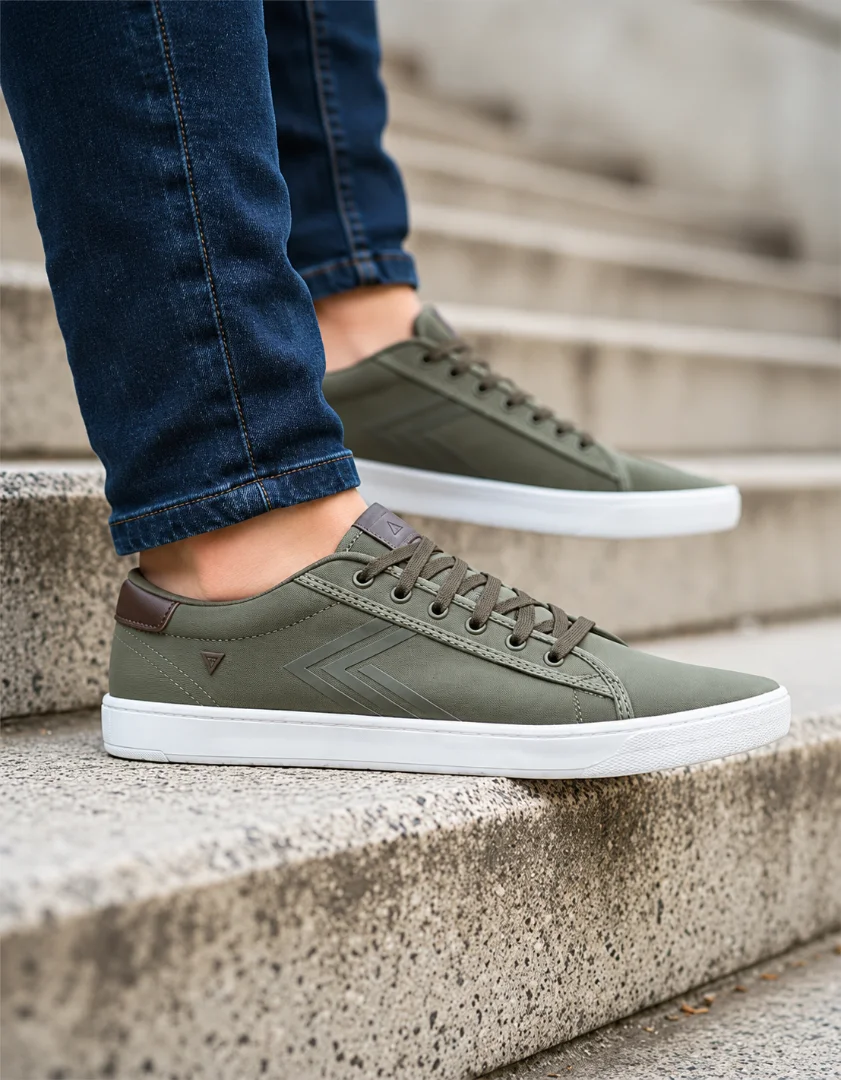Zapatilla Urbana de Tela Marca Deli Art. 733 (35 al 44) - Zapatillas%20verde%20oliva%20sobre%20escaleras%20urbanas.png