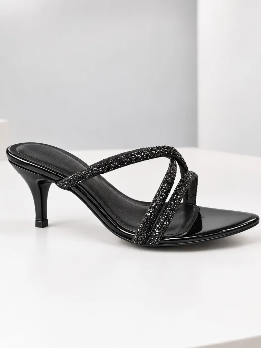 Sandalias en Punta con Taco bajo Tiras Brillosas Delfi