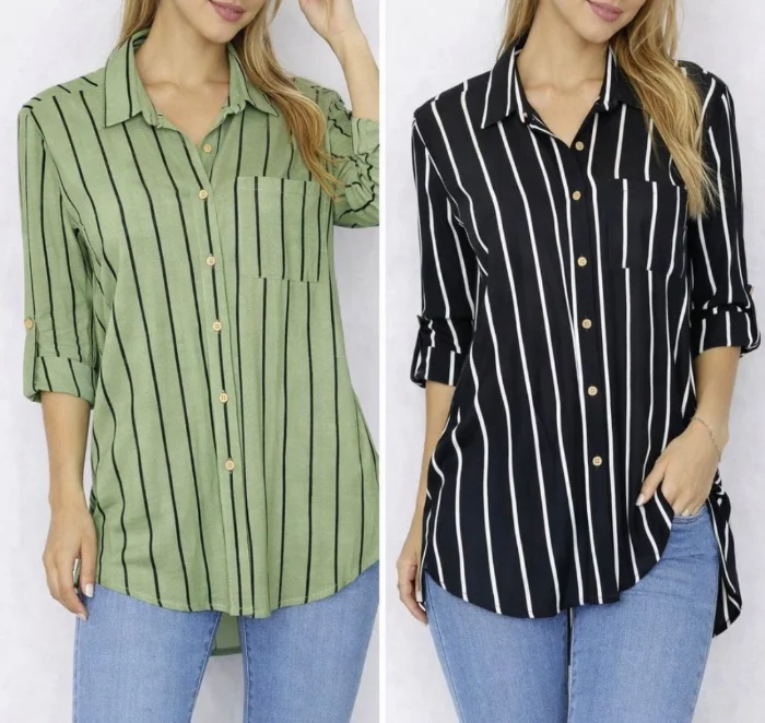 Camisa de Dama Camisa de Lino Elastizado Liso y Rallada