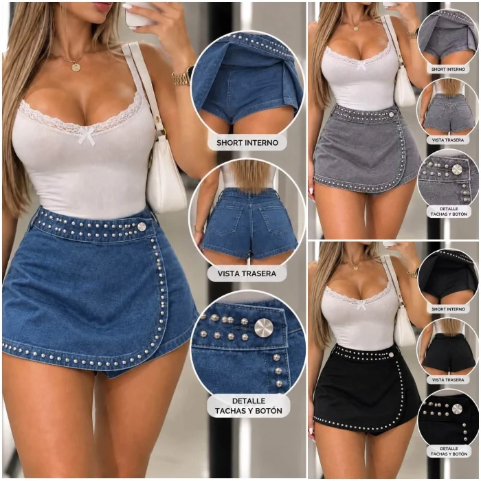 Short Pollera Jean Elastizada con Tachas
