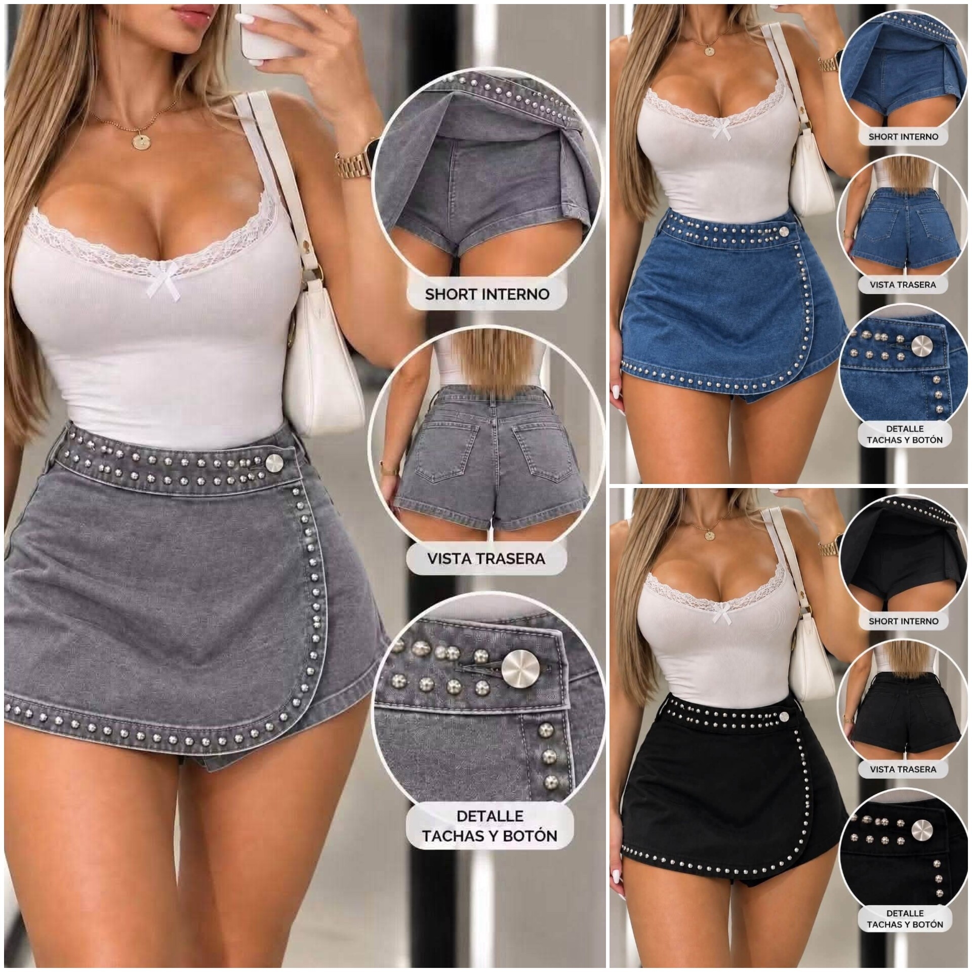 Short Pollera Jean Elastizada con Tachas - Imagen 2