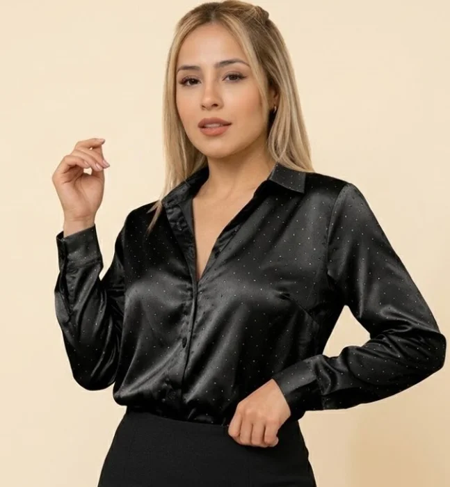Camisa de Satén con Brillos Strass Camisa de Mujer
