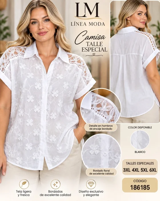 Camisa Bordado con Transparente en el Hombro, Talle Especial.186185