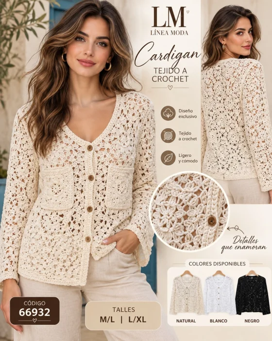 Cardigan Tejido a Crochet con Botornes.66932