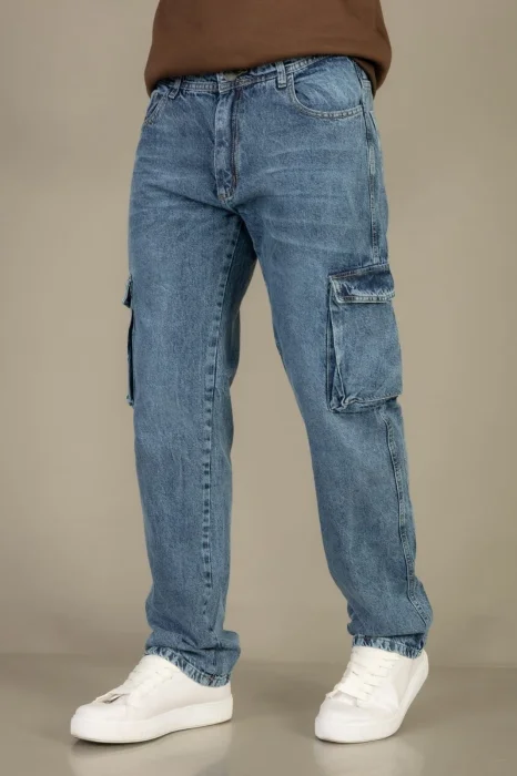 Pantalón Mom Cargo Bolsillo 3d Azul Nevado +bigote