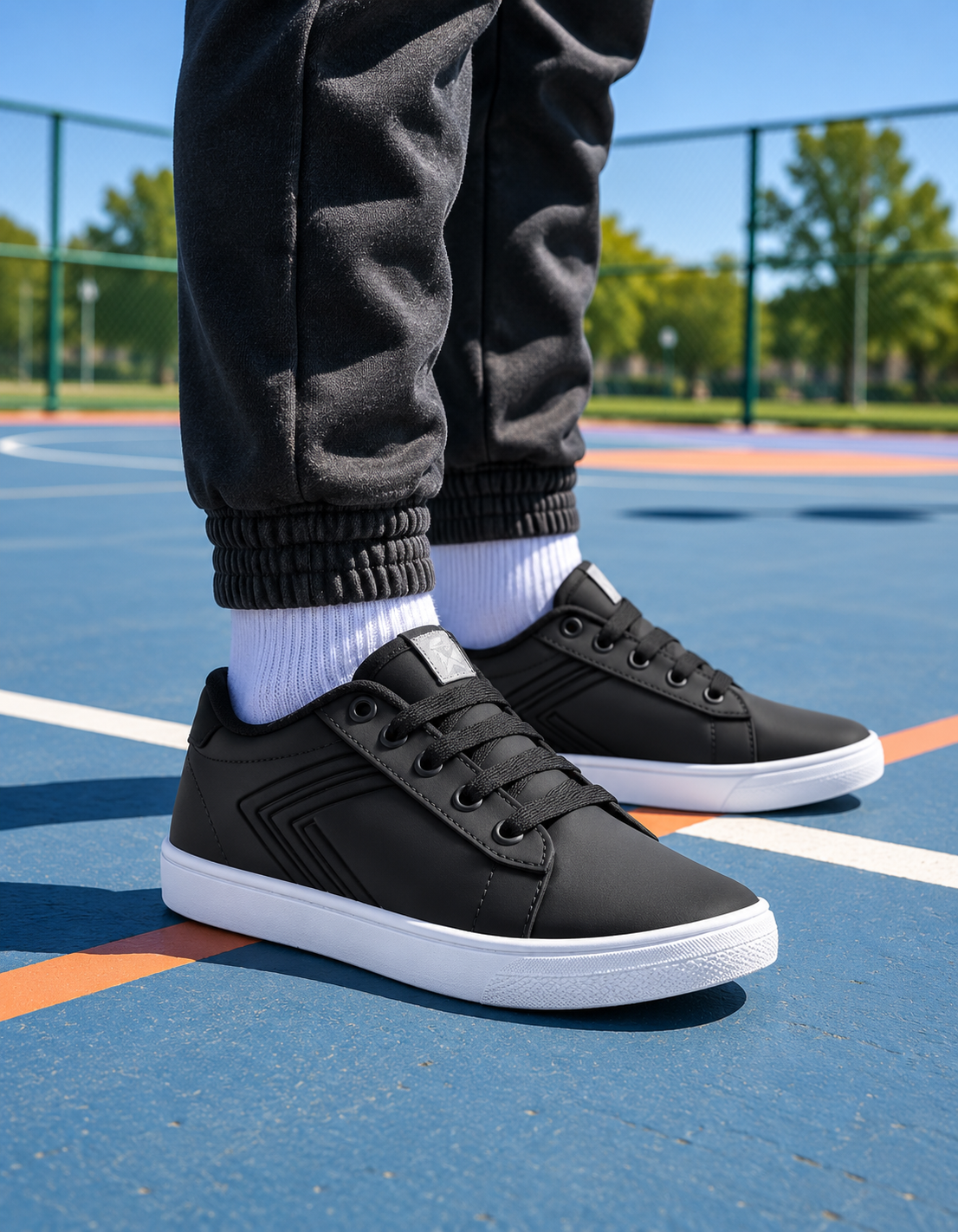 Zapatilla Urbana Formal Niños Deli 330 (27 al 34) - Zapatillas%20negras%20en%20pista%20azul.png