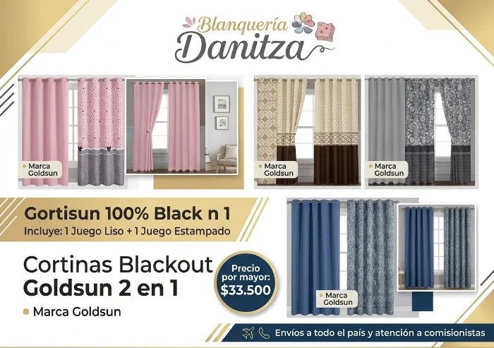 Cortinas Blackout Goldsun 2 en 1 
trae 1 Juego Liso y 1 Juego Estampado