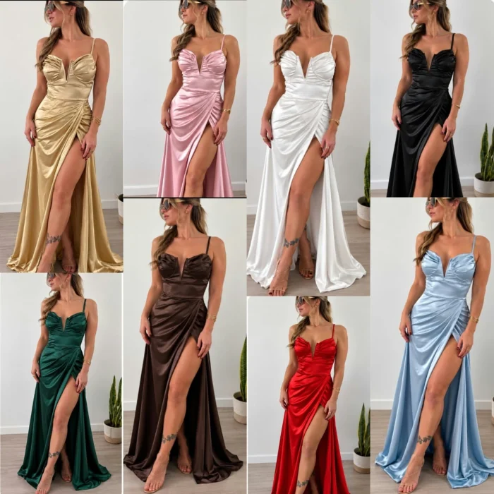 Vestido Largo de Satén con Tajo