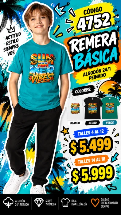 Codigo 4752 Remera Básica Estampada en Algodón 24/1 Peinado