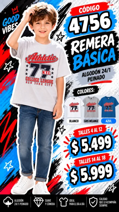 Codigo 4756 Remera Básica Estampada en Algodón 24/1 Peinado