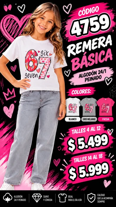 Codigo 4759 Remera Básica Estampada en Algodón 24/1 Peinado