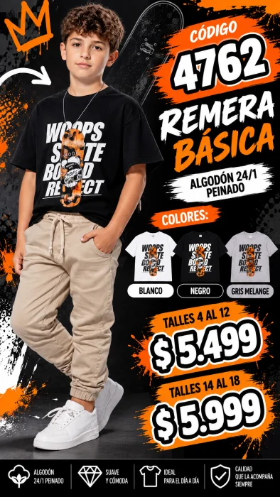Codigo 4762 Remera Básica Estampada en Algodón 24/1 Peinado
