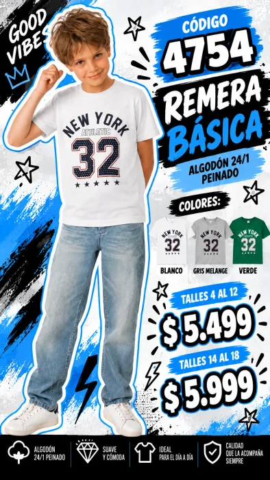 Codigo 4754 Remera Básica Estampada en Algodón 24/1 Peinado