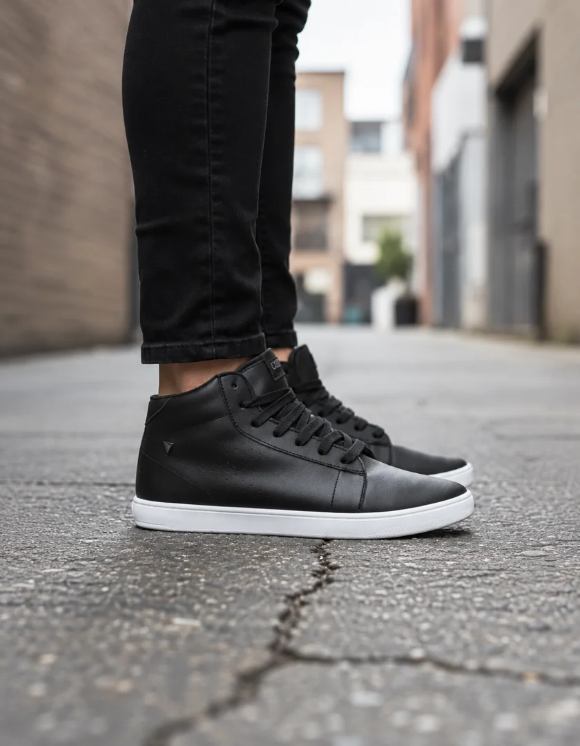 Zapatilla Botita Eco Cuero Formal de Hombre Deli 794 (38 al 42) - Zapatillas%20negras%20en%20un%20callej%C3%B3n%20urbano.png