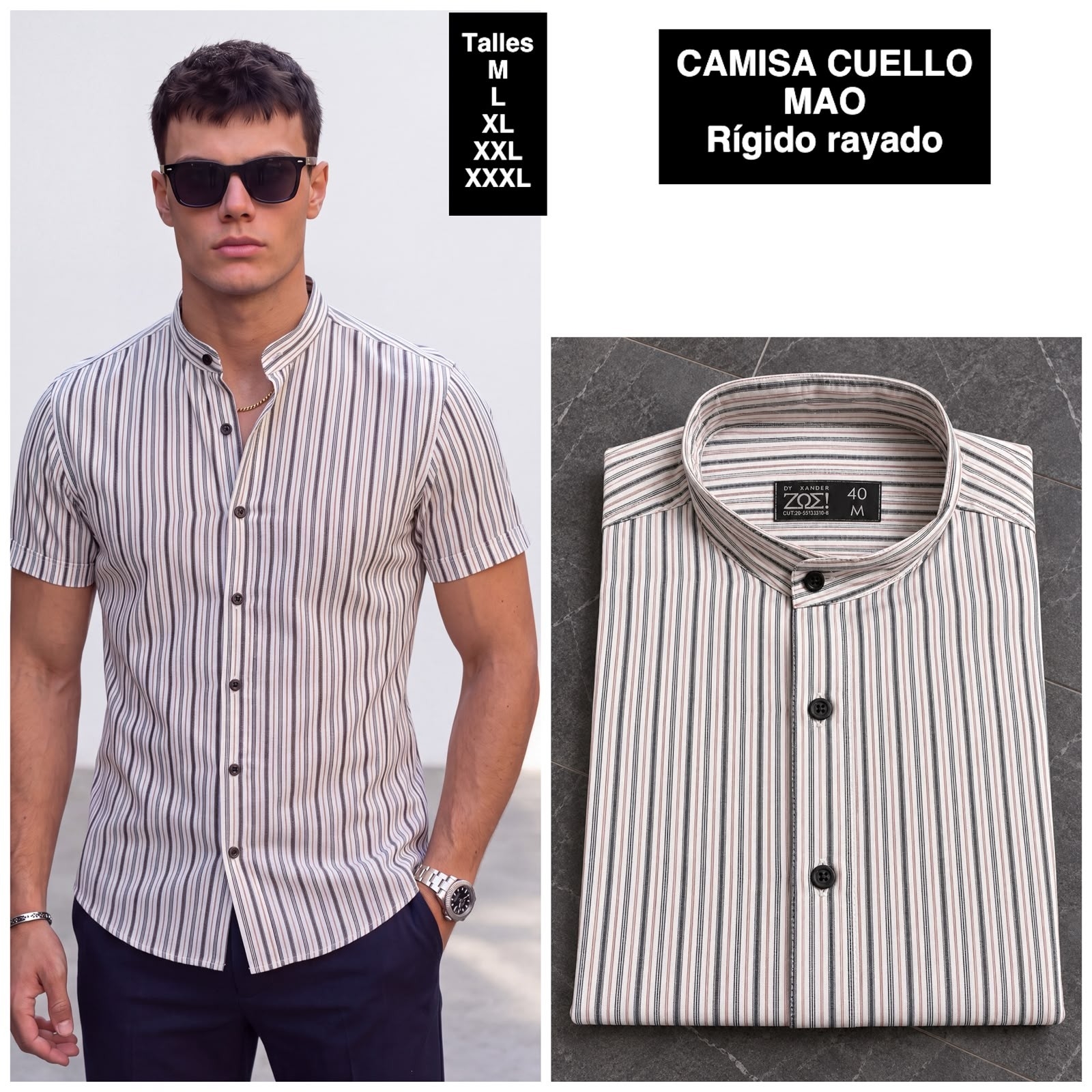 Camisa Cuello Mao Manga Corta  Rayada - Imagen 6