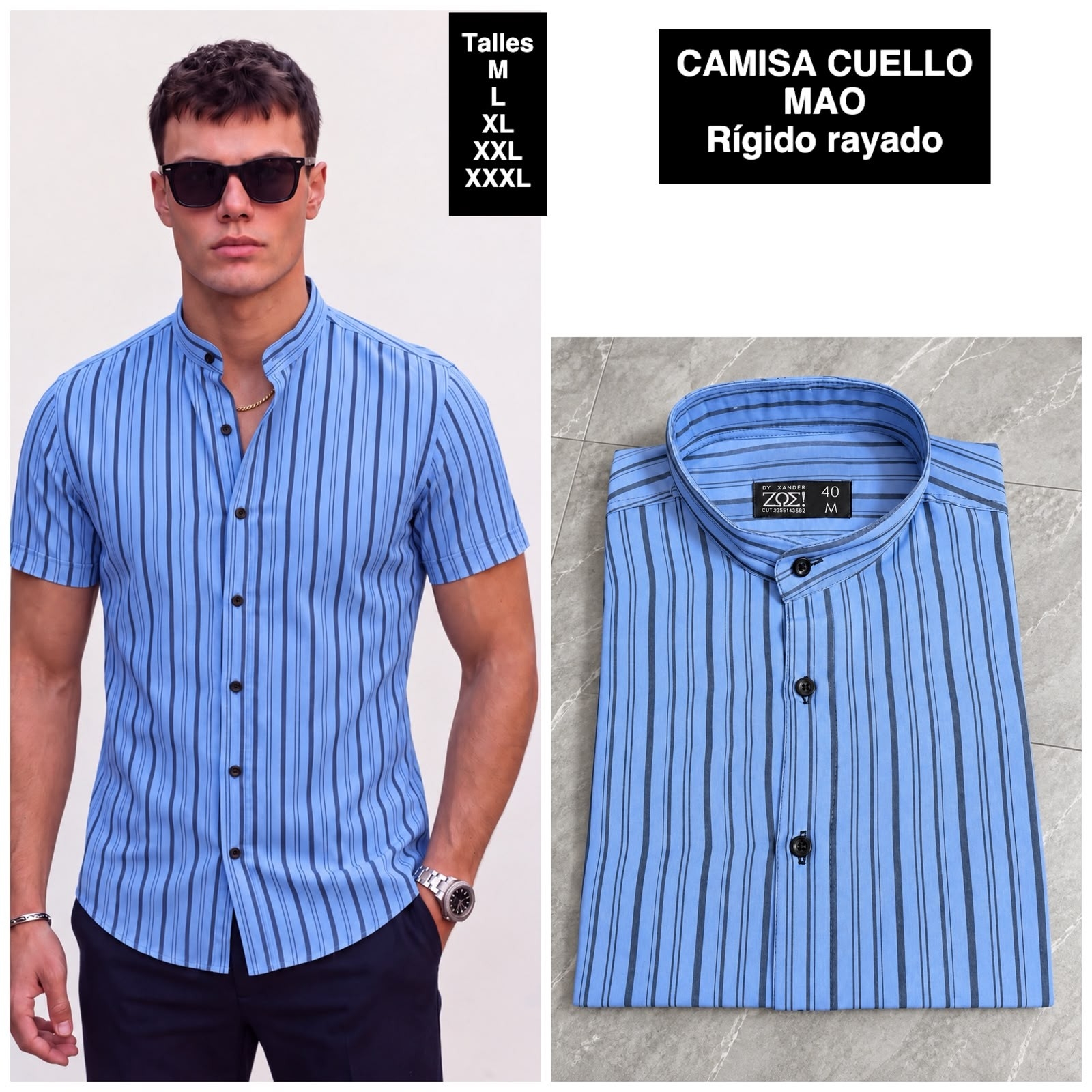 Camisa Cuello Mao Manga Corta  Rayada - Imagen 7