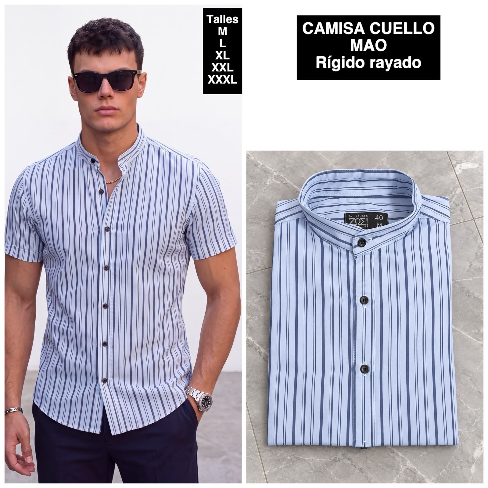 Camisa Cuello Mao Manga Corta  Rayada - Imagen 3