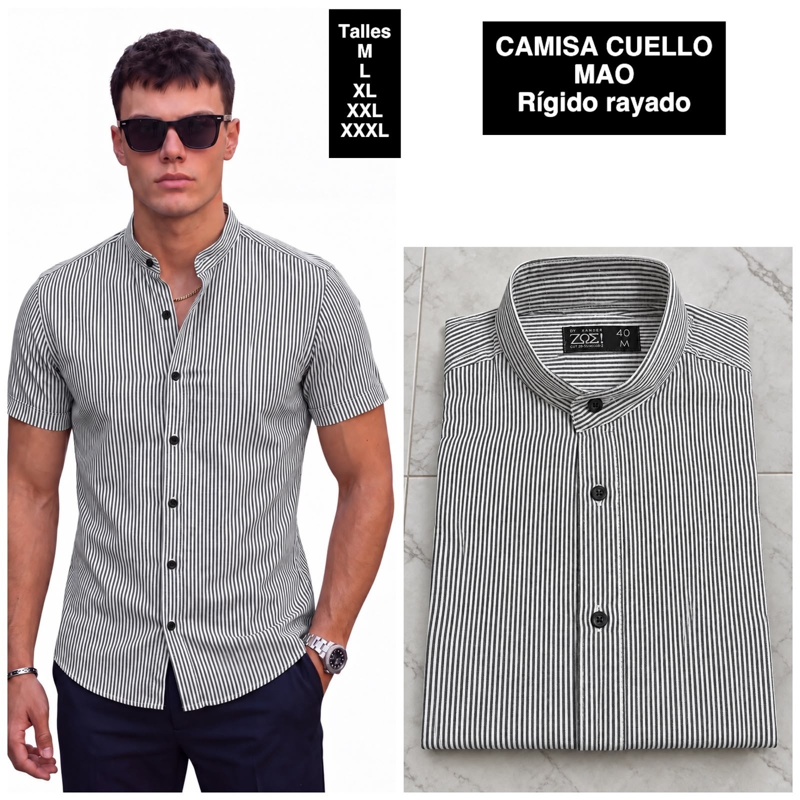 Camisa Cuello Mao Manga Corta  Rayada - Imagen 5