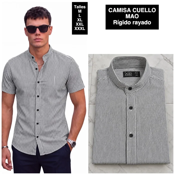Camisa Cuello Mao Manga Corta  Rayada