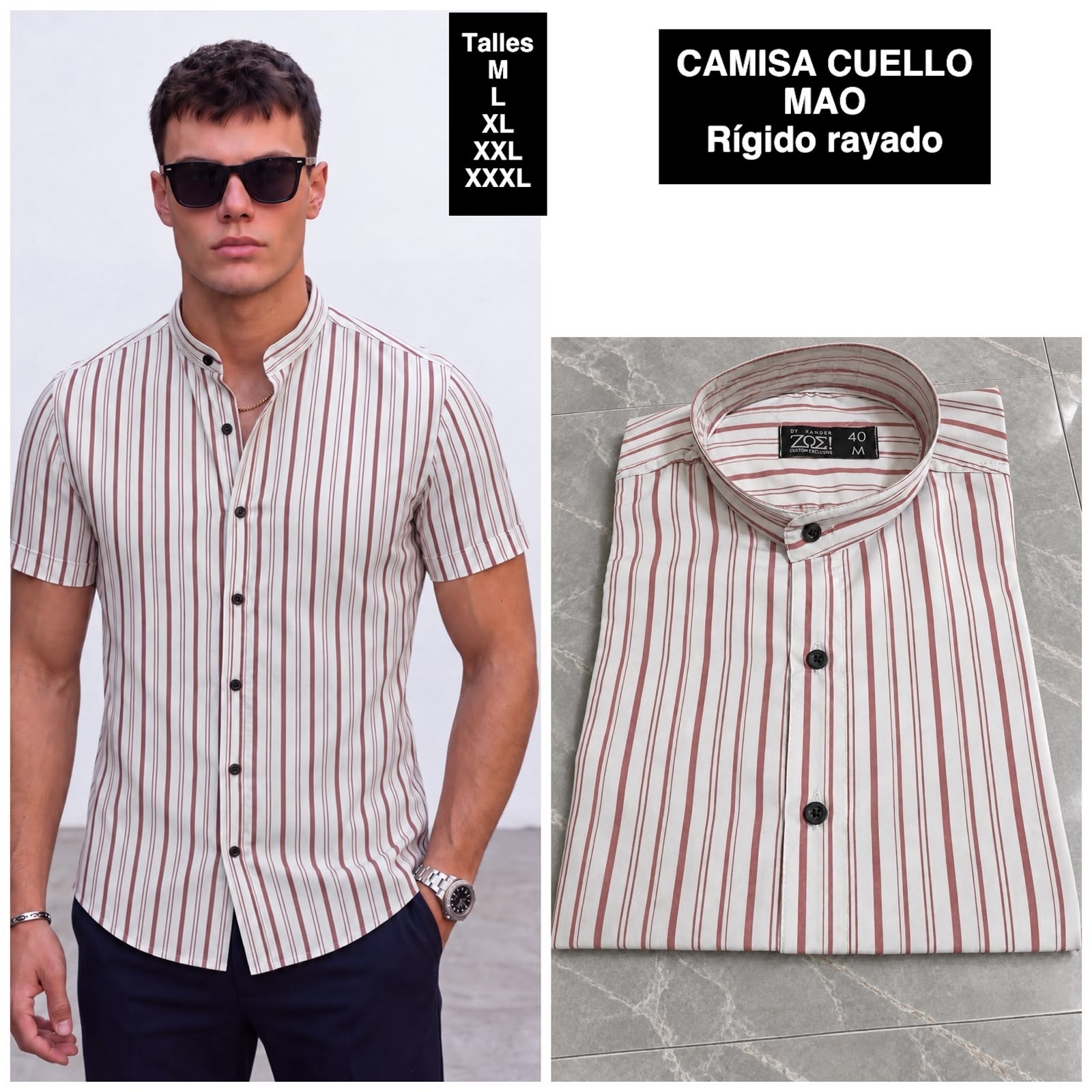 Camisa Cuello Mao Manga Corta  Rayada - Imagen 9