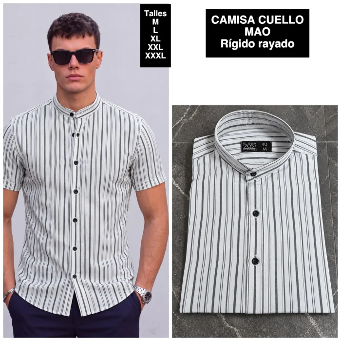 Camisa Cuello Mao Manga Corta  Rayada