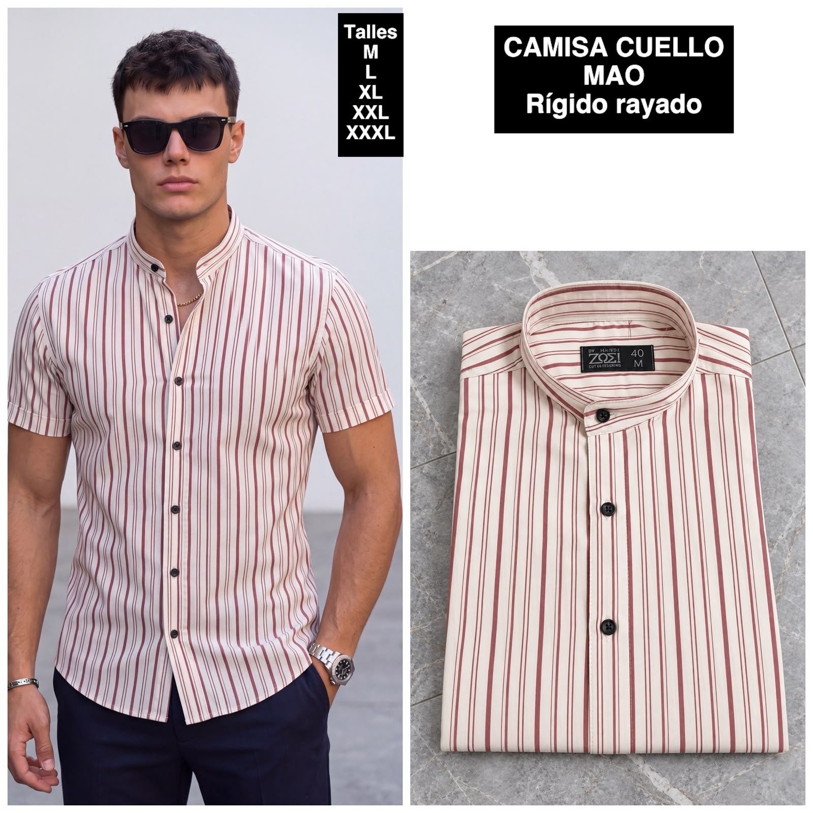 Camisa Cuello Mao Manga Corta  Rayada - Imagen 2