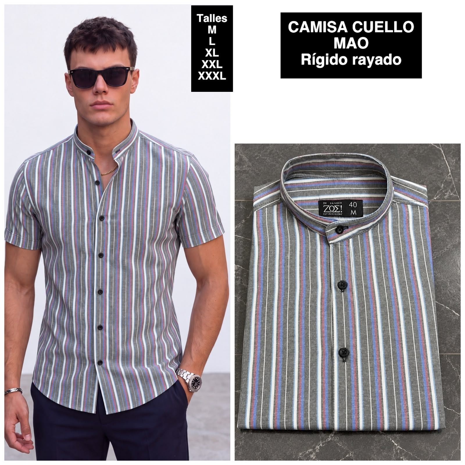 Camisa Cuello Mao Manga Corta  Rayada - Imagen 8
