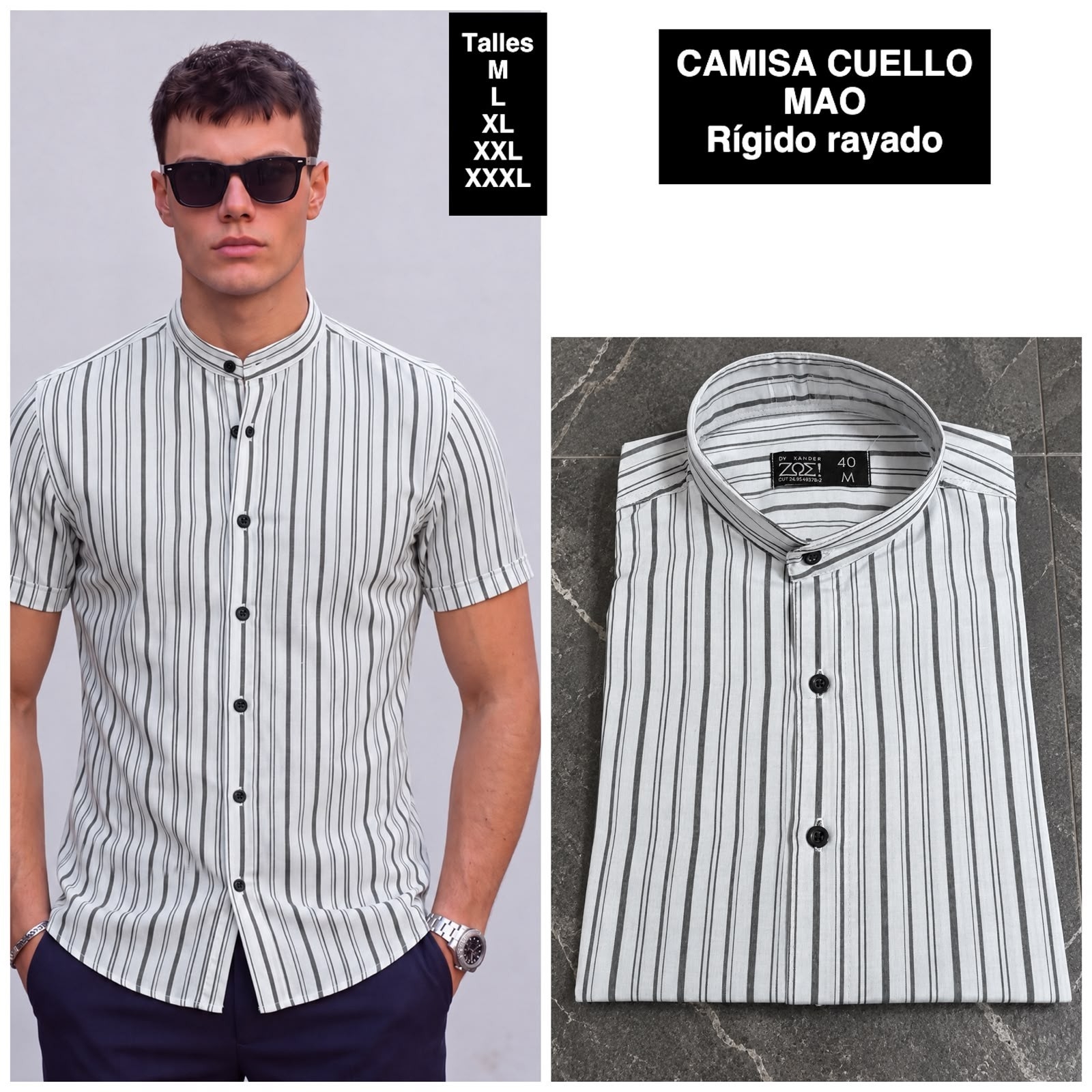 Camisa Cuello Mao Manga Corta  Rayada - Imagen 8
