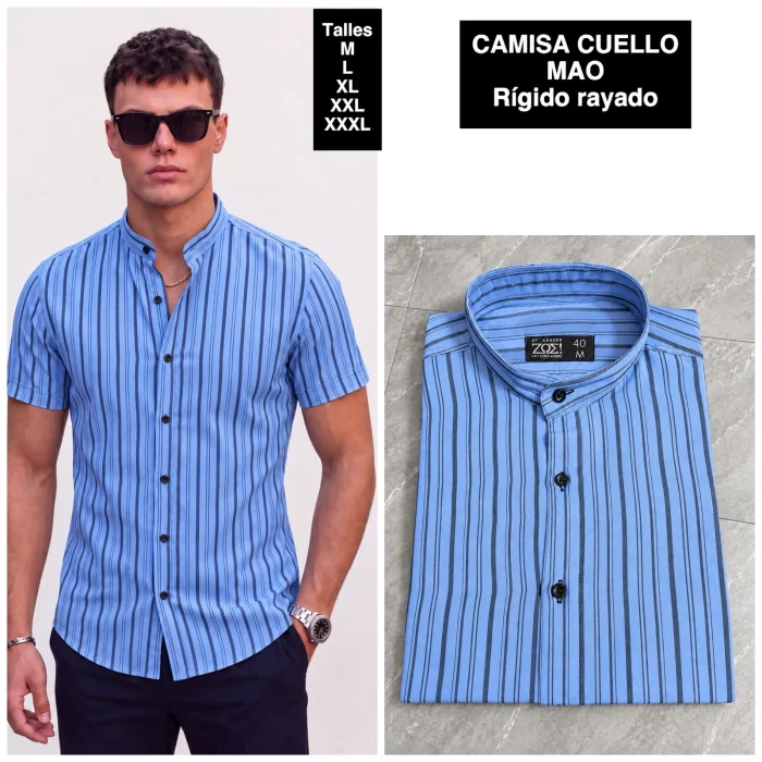 Camisa Cuello Mao Manga Corta  Rayada