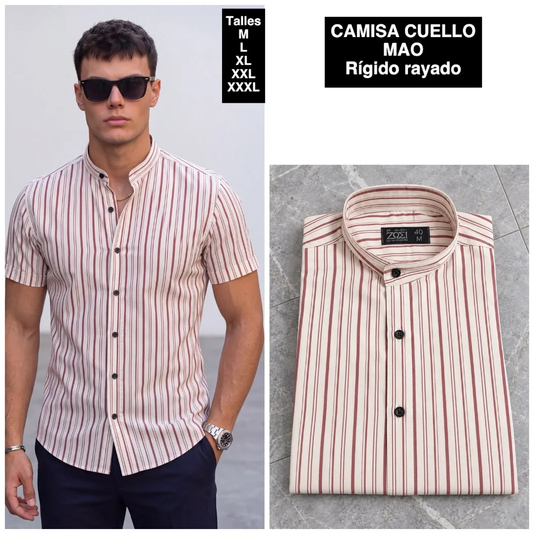 Camisa Cuello Mao Manga Corta Rayada - Imagen 8