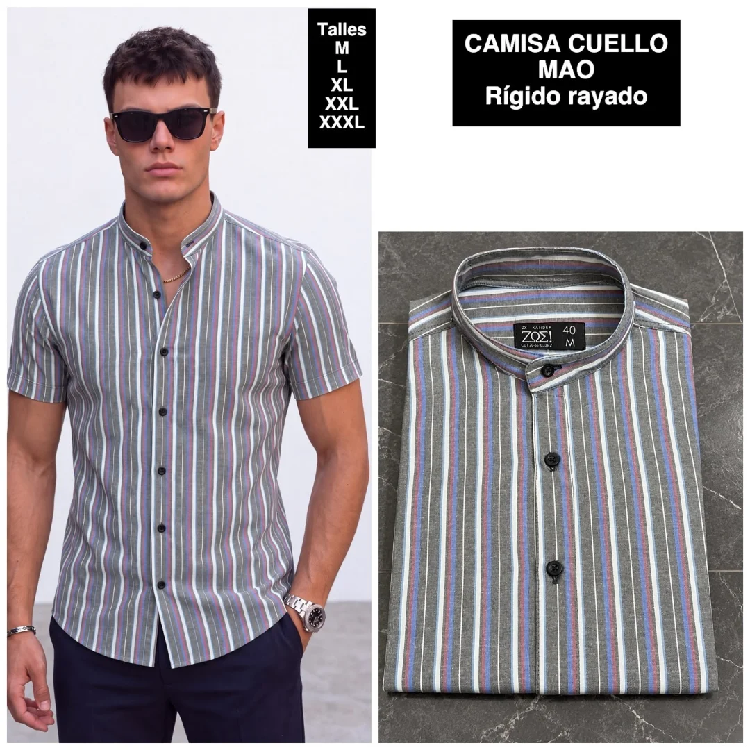Camisa Cuello Mao Manga Corta Rayada - Imagen 2