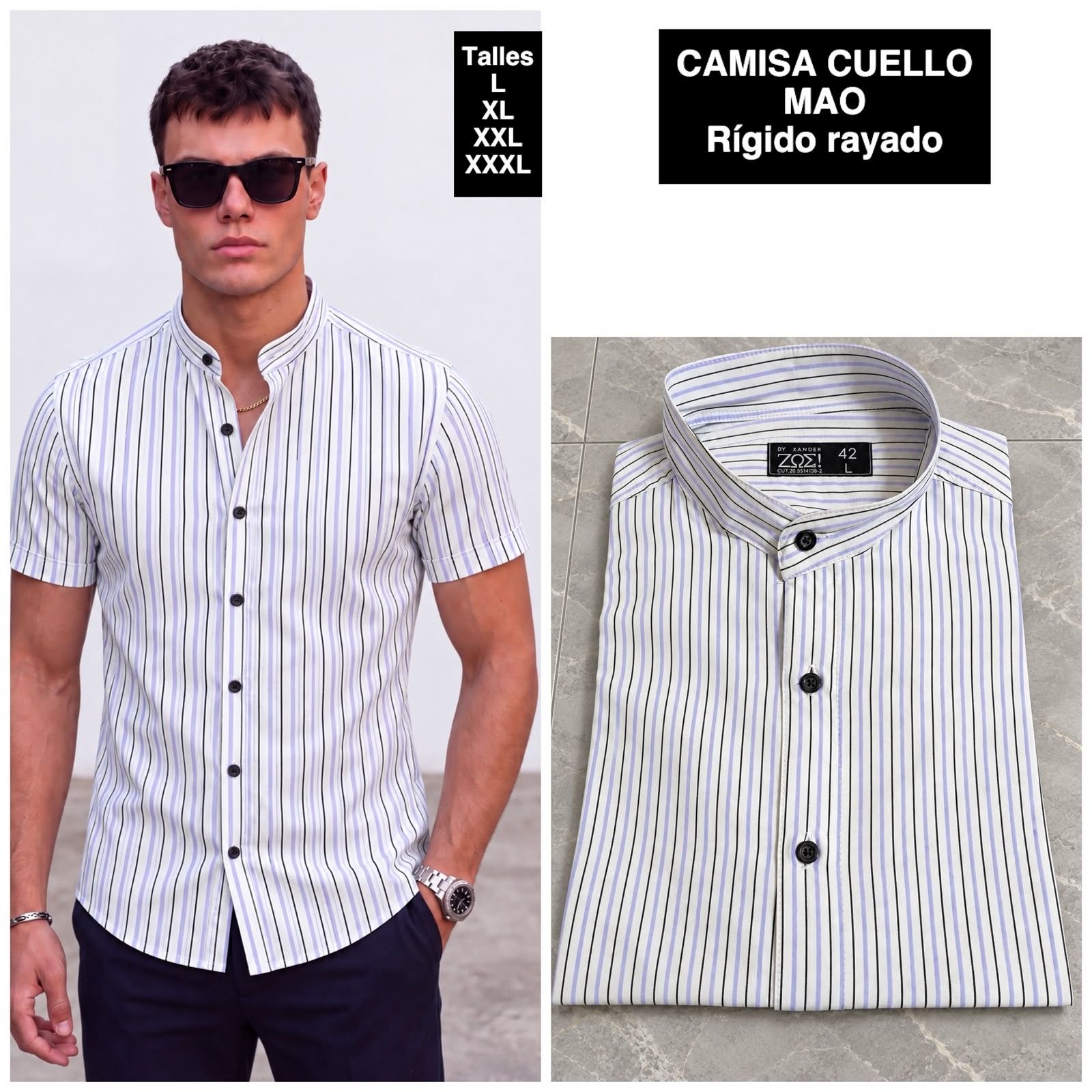 Camisa Cuello Mao Manga Corta  Rayada - Imagen 7