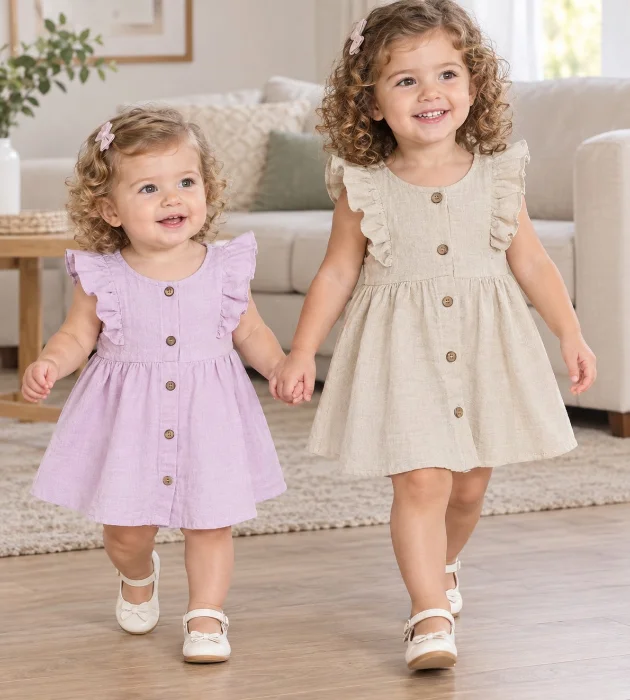Vestidos de Lino con Volados y Botones de Beba