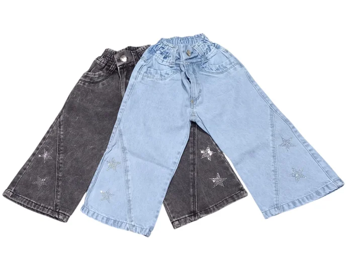 Pantalón Wide Leg de Jeans Rígido  con Recorte y Stras Estrella