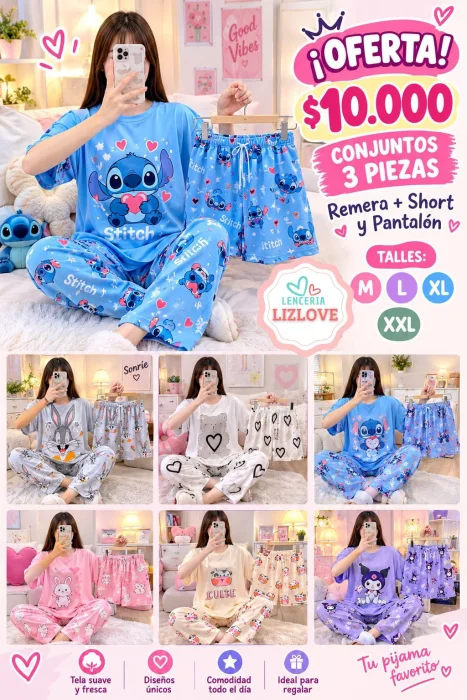 Pijamas 3 Piezas de Dama  (short- Pantalon- Remera)