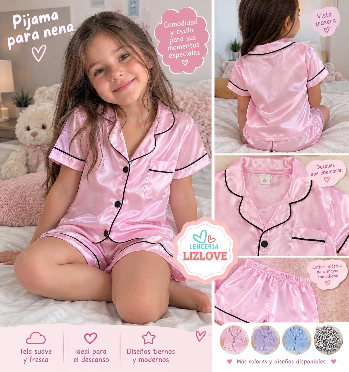 Pijama Infantil Niñas Saten Importado Conjunto Verano Suave Elegante - Imagen 1