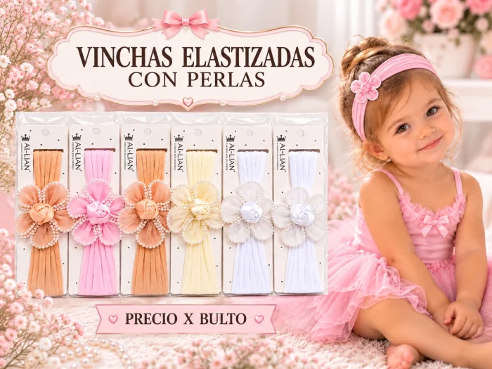 Vincha Elastizada Flor con Perlas Analia Babies Pack X 12
