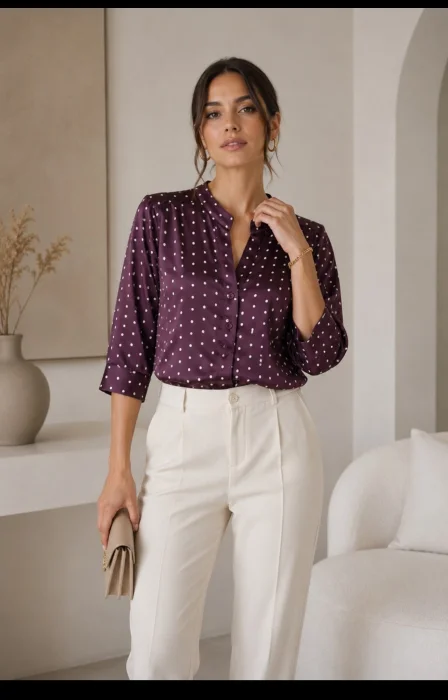 Camisa Satén Estampada Premium Cuello Mao Manga 3/4