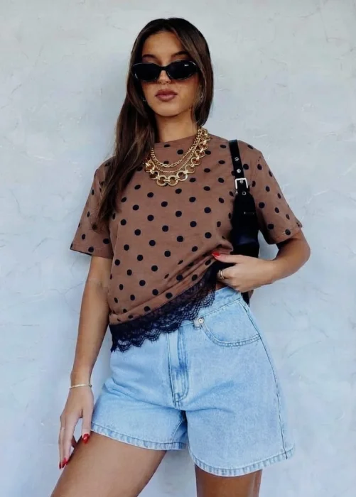 Remera Algodón Peinado Lunares con Encaje
