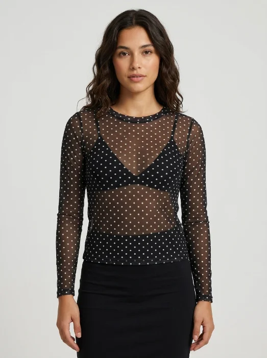 Remera Mujer Tul Estampada Lunares Print  Manga Larga
