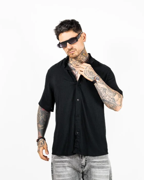 Camisa de Lino Cuello Mao Negro