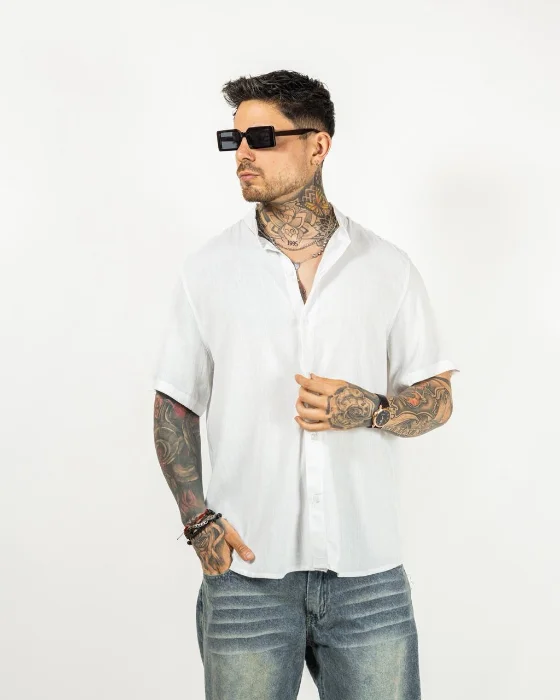 Camisa de Lino Cuello Mao Blanco