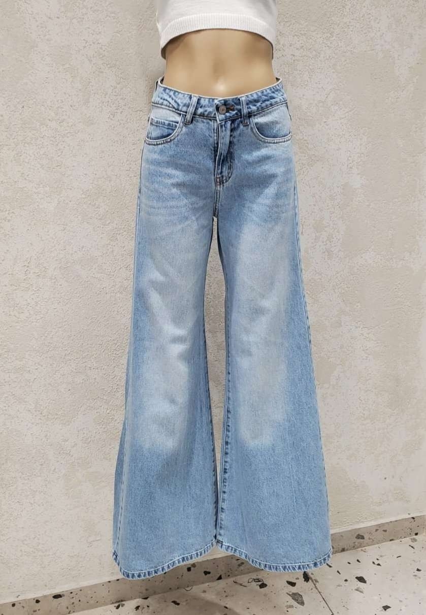 Mega Wide Celeste Clasico Tiro Medio Denim Rigido Premium - Imagen 2