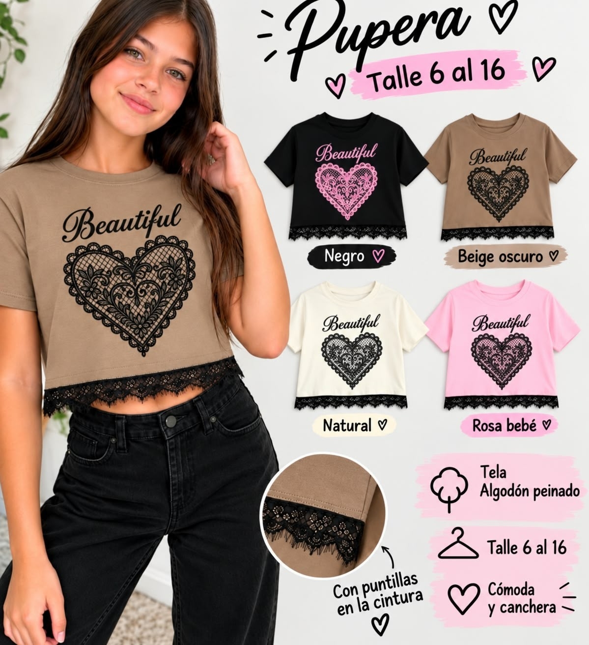 Pupera Corazon  con Puntilla Algodón Peinado - Imagen 2