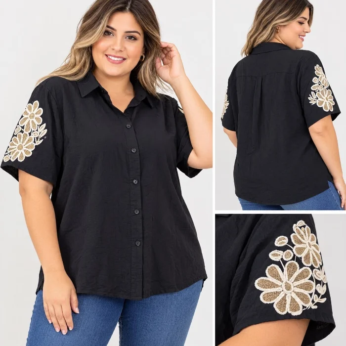 Camisa Combinada Bordado  en Mangas