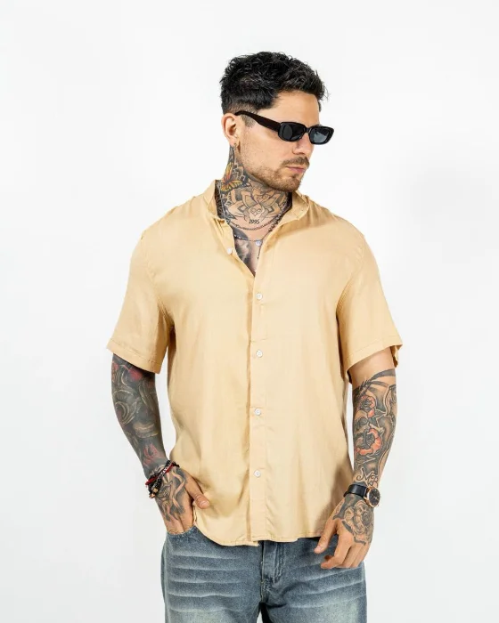 Camisa de Lino Cuello Mao Beige