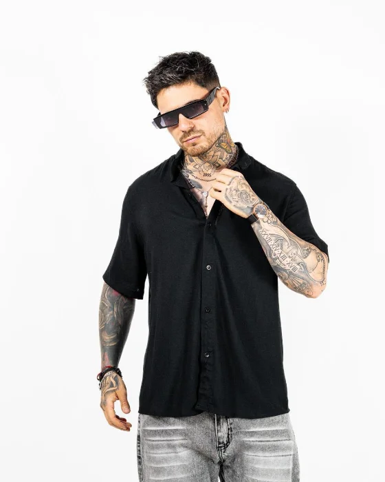 Camisa de Lino Cuello Mao Negro