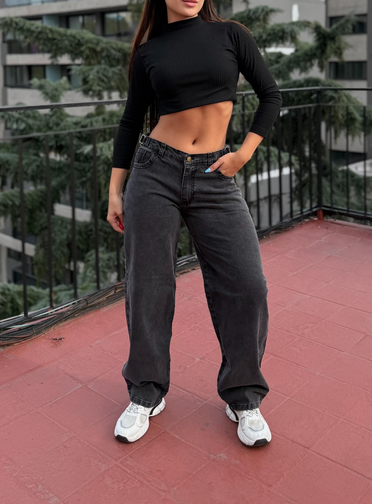 Jeans Baggy Celeste Arenado 4 Bolsillos con Reguladores Rígido Tiro Intermedio - Imagen 8