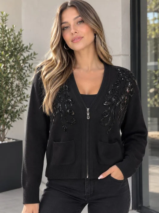 Campera Hilo con Cierre y Detalle  Lentejuelas   Mahi