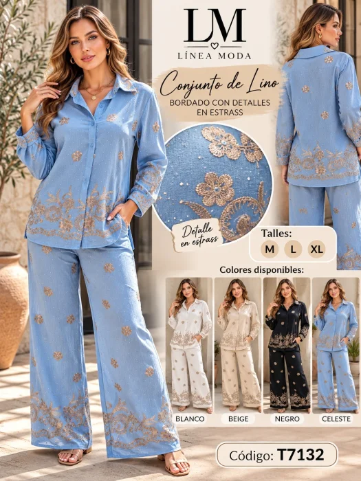 Conjinto de Lino Bordado con Detalles en Strass.t7132.